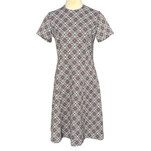 Vintage 70s Mod Style A Line Dress Geometric Trellis Motif Burgundy & Grey S/M